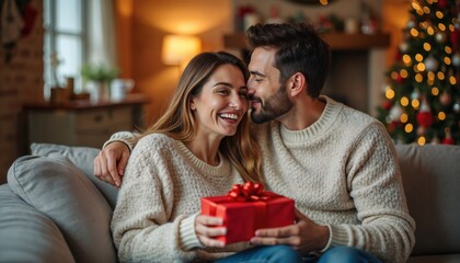 Young couple shares happy Christmas gift exchange at home. Man gives red present box to excited woman on sofa. Laugh, hug, smile, celebrating love during winter holiday season in cozy living room