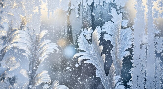 Intricate icy patterns bloom across a winter window pane, showcasing nature's delicate artistry with shimmering frost crystals and sparkling light, evoking a serene and frosty morning - Powered by Adobe