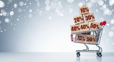 Winter Sale Concept: Shopping Cart with Discount Wooden Blocks on Snowy Background
