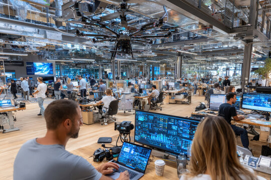 Busy office with drone and many computer screens