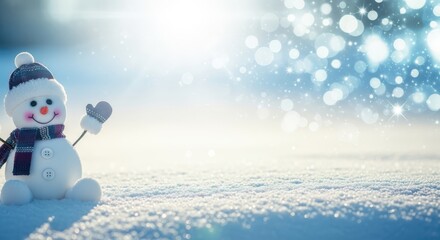 Cute Snowman Waving in a Snowy Winter Scene with Festive Bokeh Lights