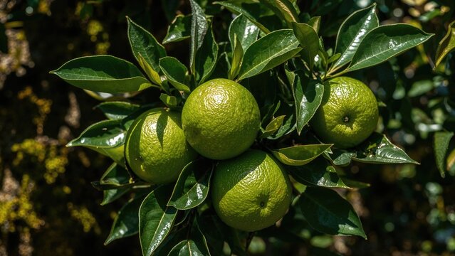 Green citrus fruits on a tree with glossy leaves in sunlight.