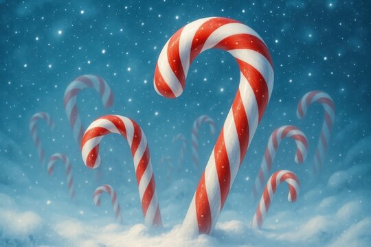 Festive candy canes in snow