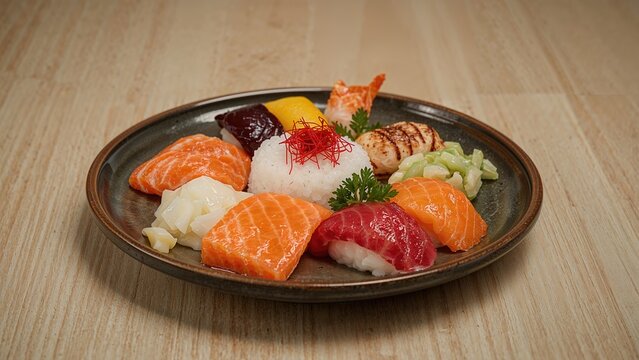 A plate of assorted sushi with salmon, tuna, shrimp, and vegetables on a wooden surface.