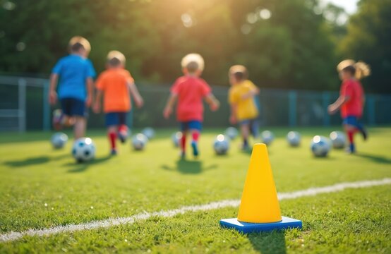 Children soccer training on green field. Young players run with balls under sunny sky. Coach guides group in sports activity. Active kids practice football skills on grass. Healthy fun for youth.