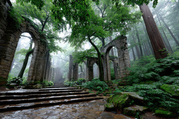 Mystical Forest Ruins in Foggy Weather