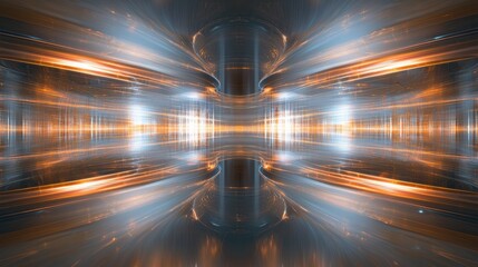 Optical coherence bands laser interference patterns with symmetrical light burst radiating through cylindrical reflective surfaces creating dynamic streaks motion blur