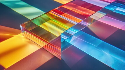 Laser beam modulation through transparent prism generating vibrant rainbow interference patterns with chromatic dispersion across geometric optical surfaces technology