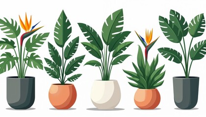 Plants grow in pots. Drawing shows tropical plants in planters. Floral elements create natural indoor home decor. Botanical illustration design resource shows various houseplants like monstera, ficus.