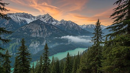 Snow-capped mountains over a forested landscape with a green lake, at sunset.