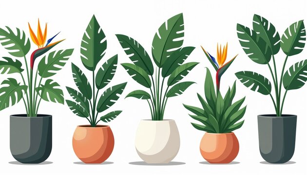 Plants grow in pots. Drawing shows tropical plants in planters. Floral elements create natural indoor home decor. Botanical illustration design resource shows various houseplants like monstera, ficus.