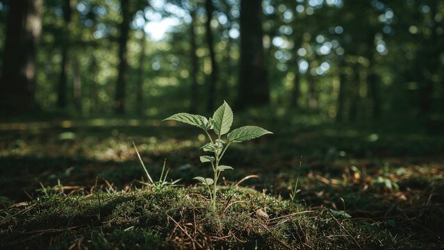 Young plant growing in a forest, showcasing nature, growth, and environment. Forest and natural landscape, ecology and life cycle. The concept of environmental conservation and plant development. - Powered by Adobe