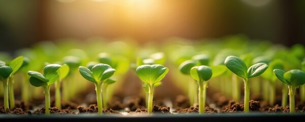 Young soybean sprouts grow in dark soil under artificial lights. Green leaves emerge from soil, ready for cultivation in controlled indoor farming.