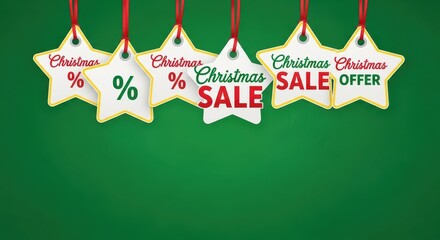 Christmas Sale Star Tags Hanging on a Festive Green Background