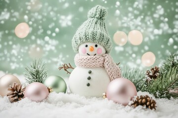 Adorable handmade figure wearing warm knitted winter accessories sits in fresh snow surrounded by holiday decorations