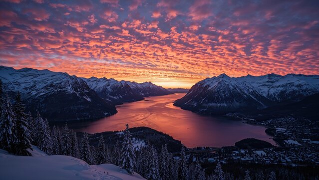 Snow-covered mountains and a lake at sunset with colorful clouds in the sky.