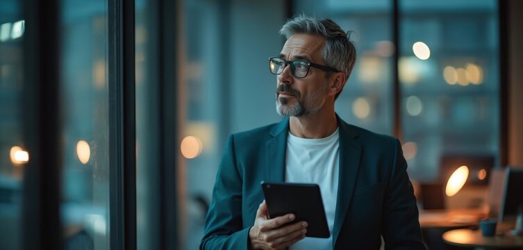 Mature businessman looks out of window at night holding tablet. Corporate leader works late in office. Focused male executive thinks about project solution planning digital strategy.