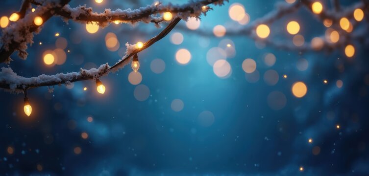 Snow covered tree branch with glowing string lights against a dark blue night sky. Soft bokeh lights and falling snow create a magical winter holiday atmosphere.