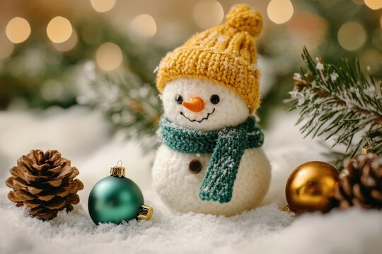 Adorable knitted snowman figure sits nestled in artificial snow among festive decorations and greenery