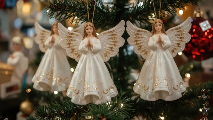 Fototapeta premium Three angel ornaments with white dresses, gold accents, and wings hanging from a decorated Christmas tree.