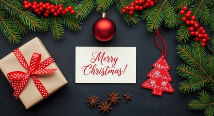 Elegant Merry Christmas Card with Gift, Fir Branches, and Ornaments on a Dark Background