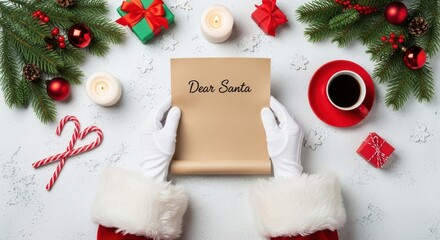 Santa Claus Holding a “Dear Santa” Letter Surrounded by Festive Christmas Decorations