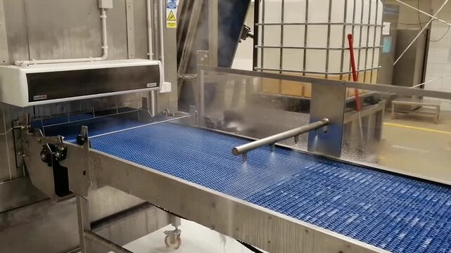 Conveyor belt cleaning with flat spray nozzles and steam