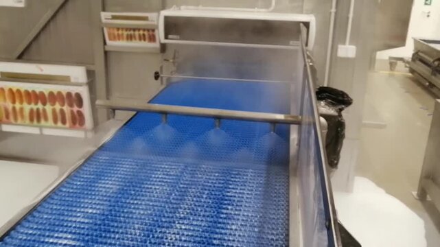 Conveyor belt cleaning with flat spray nozzles and steam