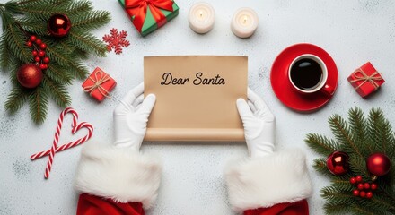 Santa Claus Holding a “Dear Santa” Letter Surrounded by Festive Christmas Decorations
