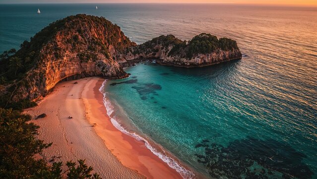 Coastal landscape with a sandy beach, rocky cliffs, and turquoise water at sunset. Natural scenery and ocean view. - Powered by Adobe