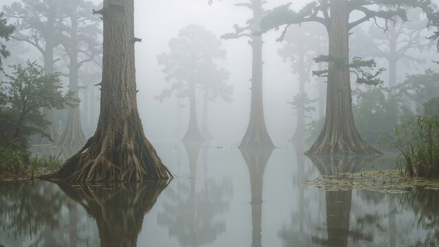 Cypress trees in a foggy swamp reflected in the water, creating a serene and mysterious landscape.