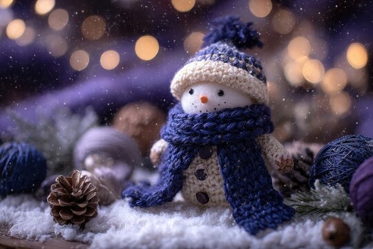 Knitted snowman figure sits nestled in artificial snow amidst winter craft decorations - Powered by Adobe