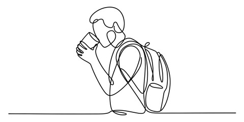 Minimalist continuous one line drawing of a young person with a backpack, enjoying a refreshing drink from a cup, isolated on white. Vector