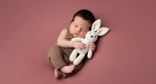A newborn baby sleeps peacefully, clutching a soft white bunny toy, on a pink backdrop. - Powered by Adobe