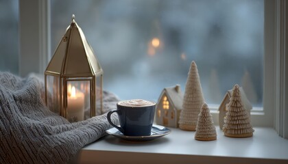 Warm beverage and decorative winter scene set upon an indoor windowsill against a foggy outdoor backdrop