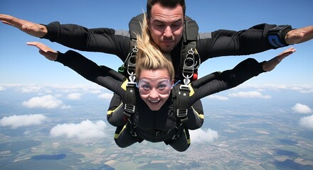 A woman and man tandem skydiving, arms outstretched, smiling with clouds and blue sky in the background.