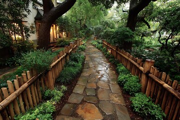 Charming bamboo fence stone path high resolution picture