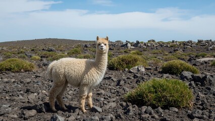 Fototapeta premium A llama standing on rocky terrain with green shrubs and a blue sky in the background.