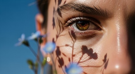 Close-up of a woman's face with flower shadows and blue flowers, highlighting her eye against a bright blue sky.