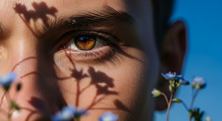Close-up of a person's eye with floral shadows cast across their face, and blue flowers in the foreground.