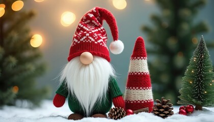 Cute gnome in red hat with xmas tree and cones. Happy nordic festive scene. Winter holiday decoration with magical spirit. Celebrate merry xmas time with gnomes.