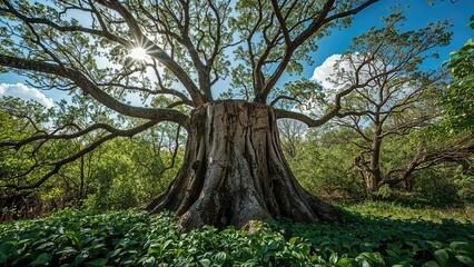 Ancient tree trunk with sprawling branches, sunlight peeking through, surrounded by lush greenery, peaceful natural setting.