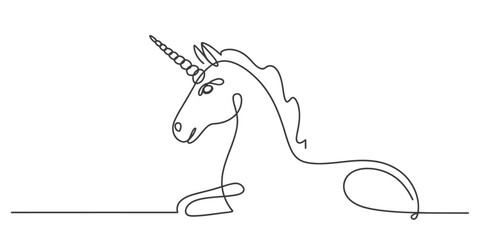 Continuous line drawing of a magical unicorn resting gracefully, minimalist vector illustration, fantasy creature art, simple graphic design element for myth Vector