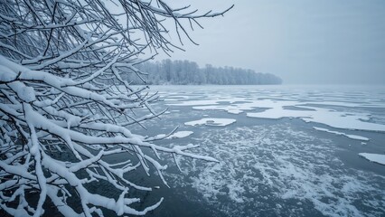Snow-covered tree branches along a frozen lake or river during winter with a distant tree line. Cold weather and winter landscape.