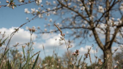 Obraz premium Spring blooming branches with cherry blossoms, blue sky, and white clouds. Nature and seasonal growth. Blooming trees and floral scenery.