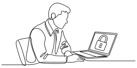 Single continuous line drawing of a person using a laptop with a security padlock on screen, emphasizing cyber protection and data privacy. Vector