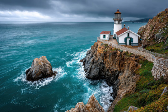 Coastal lighthouse stands majestically on rocky cliff under stormy sky near ocean