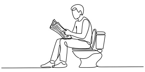 Minimalist one line drawing of a man sitting on a toilet reading a newspaper, single continuous stroke art illustration vector graphic. Vector