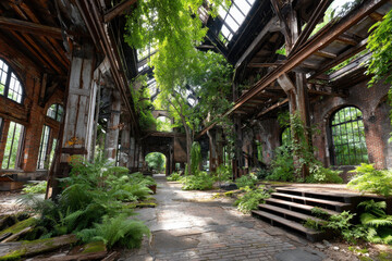 Obraz premium Abandoned Industrial Building Overgrown with Lush Greenery