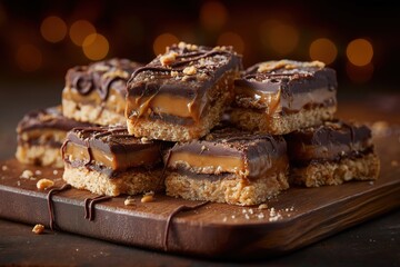 Layered chocolate caramel dessert bars arranged on a wooden surface, ideal for bakery menus, sweet recipes, and food advertising.
